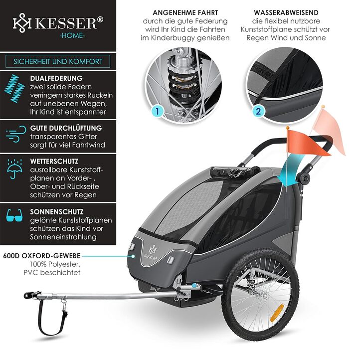 Дитячий велопричіп KESSER® 2в1 з поворотним механізмом 360° та амортизацією. Підходить для 1-2 дітей (до 40 кг). З п'ятиточковим ременем безпеки та сигнальним прапором. Колір: світло-сірий.