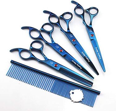 Набір для грумінгу тварин: 5 предметів. Тримерні ножиці для собак, котів та інших тварин. Набір містить: ножиці, витончувальні ножиці, вигнуті ножиці, гребінець для грумінгу, шкіряна сумка (блакитний)