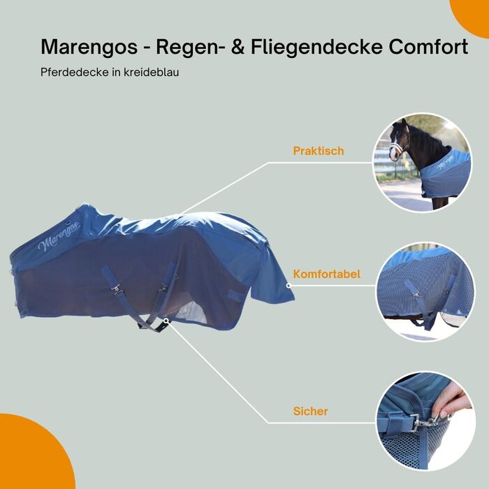 Marengos водонепроникна сітчаста попона для коней Comfort, з хрестовими ременями, потрійною застібкою і кільцями для шийної частини, міцна, для вулиці, синя, 125 см