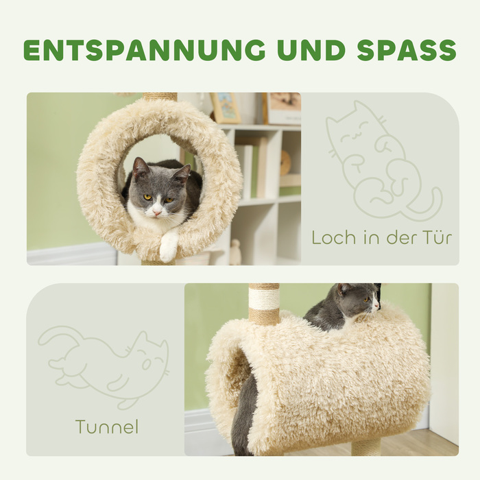 PawHut Cat Tree 98 см Cat Tree з кігтеточкою, тунель, ігровий м'яч, кігтеточка для кішок в дизайні Sheep, для кішок до 5 кг, світло-коричнева | Аосом
