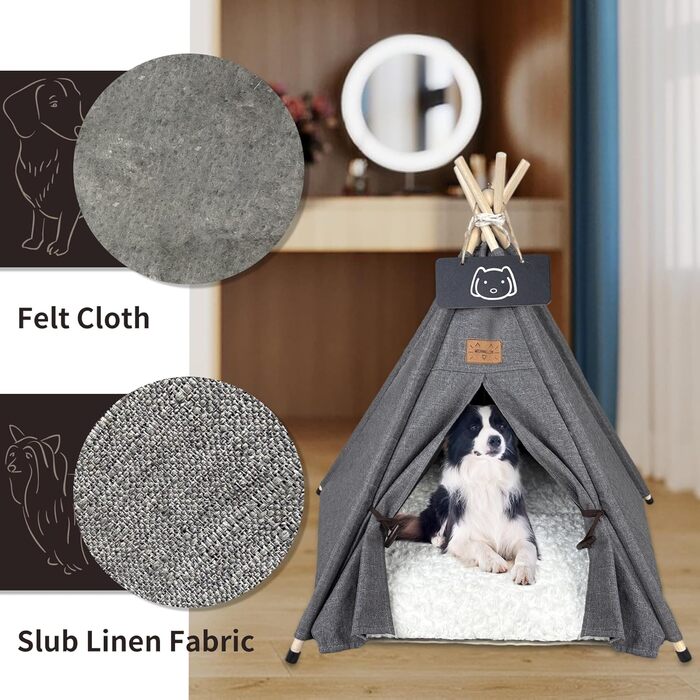 Намет для тварин Tipi: будиночок для собак та котів з м'яким лежаком (60x60x70 см, сірий)