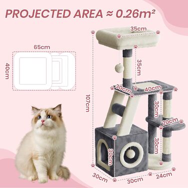 Кігтеточка для котів Dogat 107 см: багатоярусна, з будиночком, лежаком та ігровими елементами (сірий/бежевий)