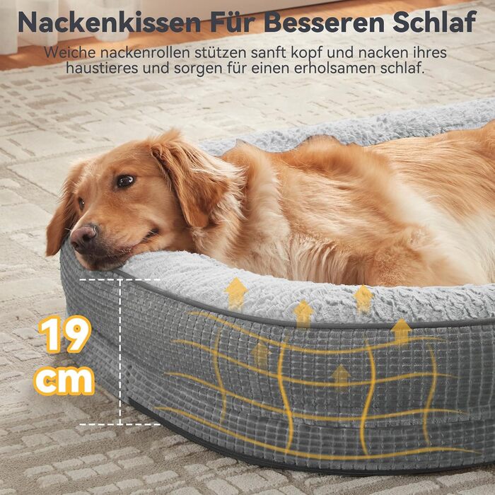 Ортопедичне ліжко для собак великих та середніх порід, XL, з м'якою подушкою для шиї, Memory Foam, вологостійке, неслизьке, знімний кошик, сірий, 107 x 81 x 19 см