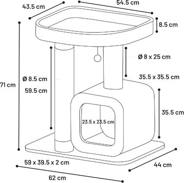 Дряпалка для котів Flamingo Anzu сірого кольору, 62 x 44 x 71 см – з платформами та будиночком