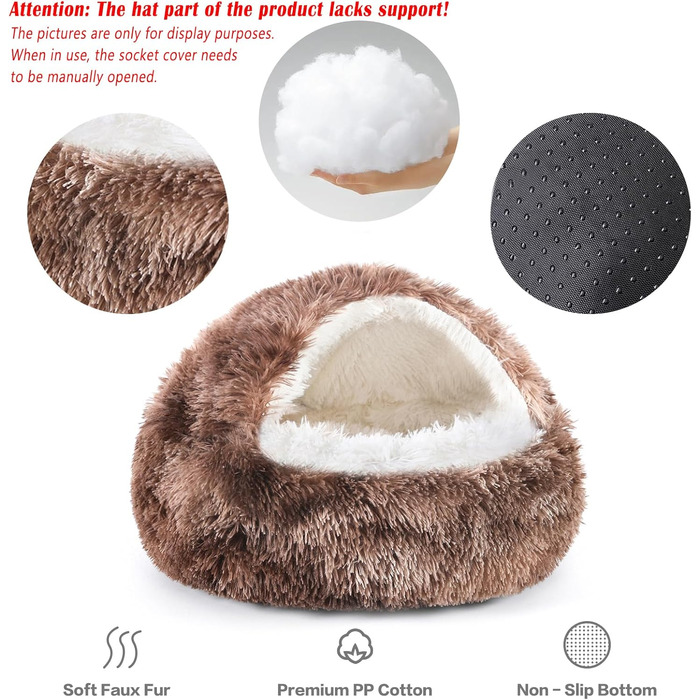Кругле собаче ліжко NOYAL з капюшоном для маленьких та середніх тварин – плюшеве, м'яке, заспокійливе ліжко-печера для котів та собак (Large 27.5