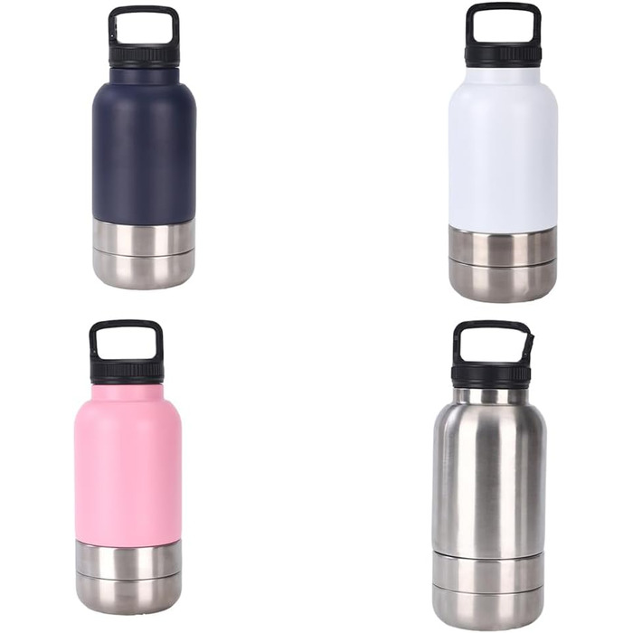 Портативна пляшка для собак з мисками для їжі та води, 3-в-1, ізольована сталева пляшка для подорожей, походів, прогулянок (глибока), рожева