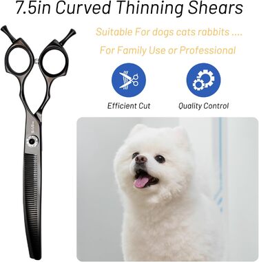 Професійна вигнута ножиця для грумінгу домашніх тварин 7.5 дюймів (19 см), 56 зубів, чорний колір, 25% тонкість