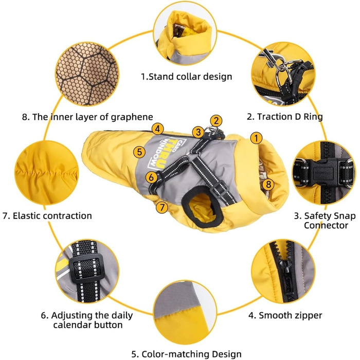 Легка, дихаюча тепла куртка для собак зі снігофлісу, вітро- та водонепроникна, з світловідбиваючим отвором для повідка, для Бульдога та Лабрадора, жовта, 2XL