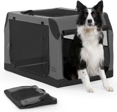 Складана автопереноска для собак Petsfit L, посилена, сіра, з нахиленим дизайном, тканинний чохол, зміцнена сітка від гризіння, для багажника авто