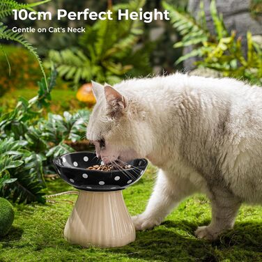 Підвищений годівниця для котів, керамічна миска у формі гриба, широка та плоска годівниця для котів зі стійкою, миска проти блювоти для котів, миска для кошенят та літніх котів (чорна)