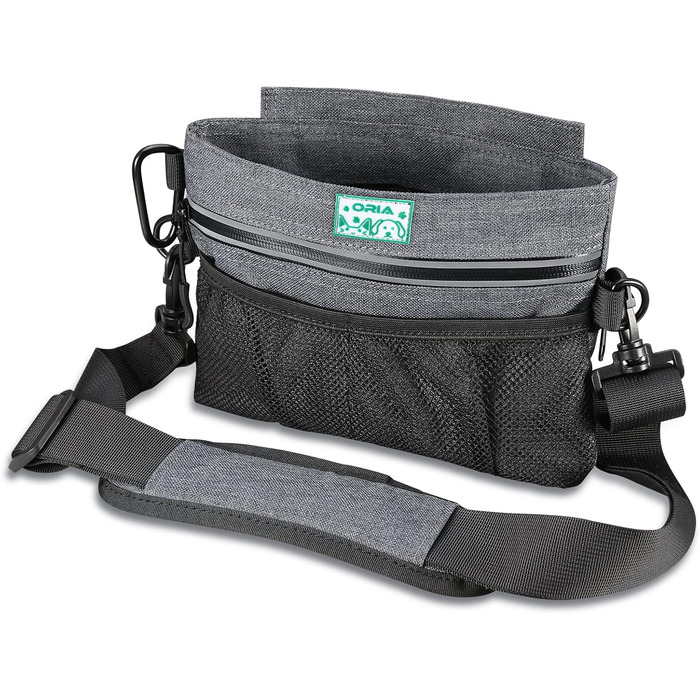 Сумка для корму для собак ORIA, переносна сумка для тренувань, з магнітним закриттям, регульований ремінь та диспенсер для відходів, преміум-якість - сіра