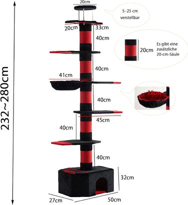 Мекідулу Кігтеточка для котів, 232-280 см, багатоярусна, регульована висота, обмотана чорним оксамитом та червоним сизалем (чорний, червоний)