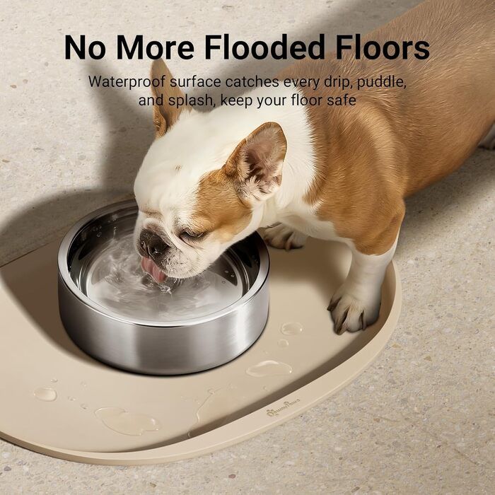 Мат для годування домашніх тварин DownyPaws: неслизький килимок для мисок, вологостійкий, з високим бортиком, 61x43 см (Мигдальний)