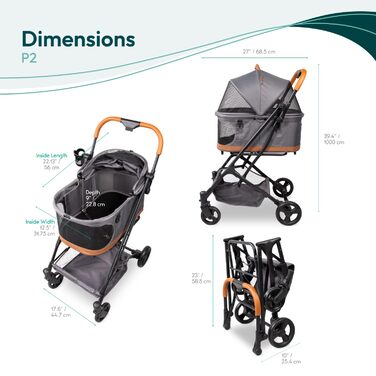 Візок для тварин WonderFold P2 для собак та котів з знімним кошиком, відкидним капюшоном з застібками та сітчастими віконцями, одноступеневе гальмо та легке складання, сірий колір Glacier Grey