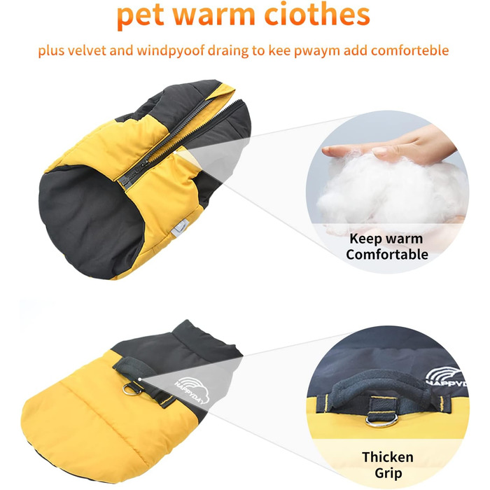 PETCUTE Зимовий одяг для собак, тепла водонепроникна куртка для маленьких, середніх та великих собак, одяг для домашніх тварин з отвором для повідка, ідеально підходить для зими, осені та весни (XL, жовтий)