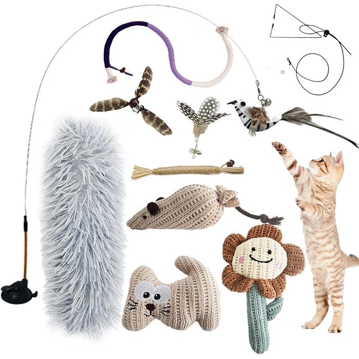 Інтерактивна іграшка для котів CUUOOT 7-в-1: джиґлер, іграшка-пір'їнка, катенок, мотузка для кусання, набір з котячою м'ятою.