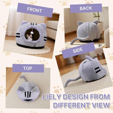 Кішка ліжко для котів, форма кота 40x40x32 см, велика кішка-печера, темно-сірий колір, складне ліжко для котів з пральними подушками, кішка-будиночок для кошенят, маленьких, середніх домашніх тварин, сірий колір
