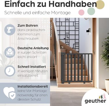 Захист для сходів Geuther Oris | Дверний захист для сходів з кріпленням, 2 клямки для поручнів, ширина, стабільне дерев'яне дитяче ворота, натуральний лак (чорний, 95-135 см)