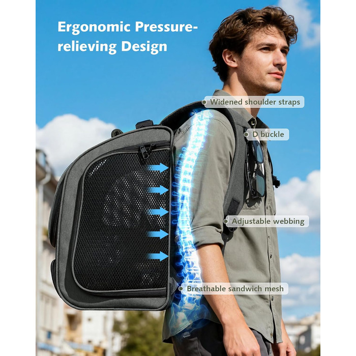 Pecute Рюкзак-переноска для кота з віконцем-сіткою, дихаючий та легкий рюкзак для тварин, великий (32 x 26 x 42 см, сірий, розширюваний)