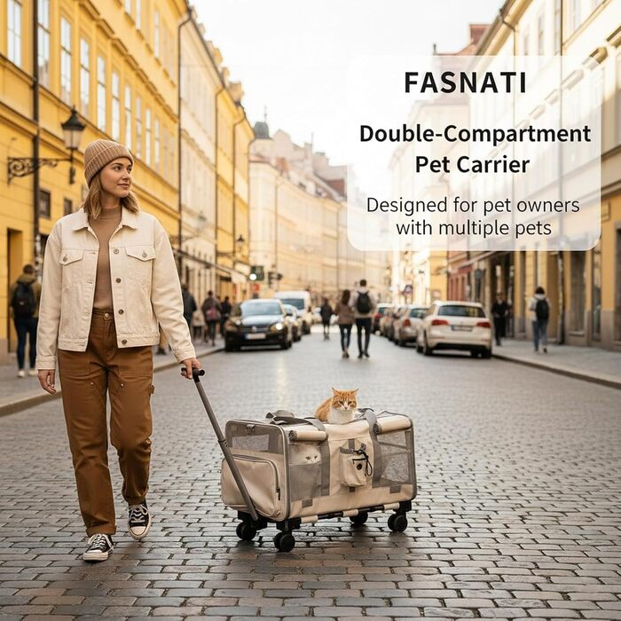 Переноска для котів велика, для 2 котів, складна, на колесах, знімні відділи, з іграшкою-пір'ям та ремінком, бежева