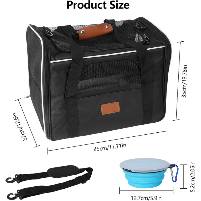 Транспортна сумка для кота, переноска для кота, складана переноска для кота в літаку, переноска для тварин з мискою та флісовим килимком, переноска для котів та маленьких собак до 10 кг (Чорна)