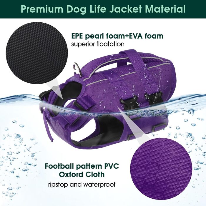 Світшот для собак Kuoser: рятувальний жилет для малих, середніх та великих собак, регульований, з Ripstop, з ручкою для рятування, висока плавучість, для цуценят, пляжний купальник (XL, фіолетовий)