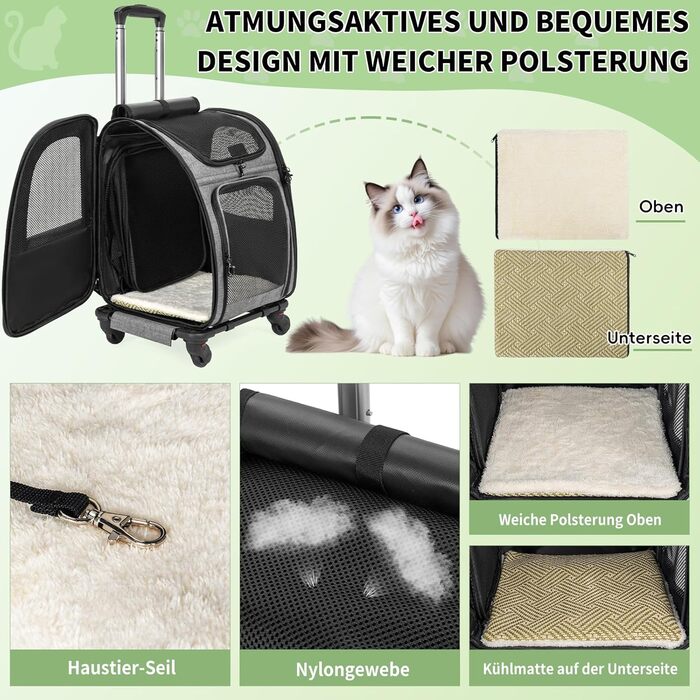 OUUTMEE Сумка-переноска для домашніх тварин, знімний чохол з колесами, ідеальна для котів та маленьких собак, багатофункціональний рюкзак, сумка-переноска 4-ма способами, дихаюча (Сірий)