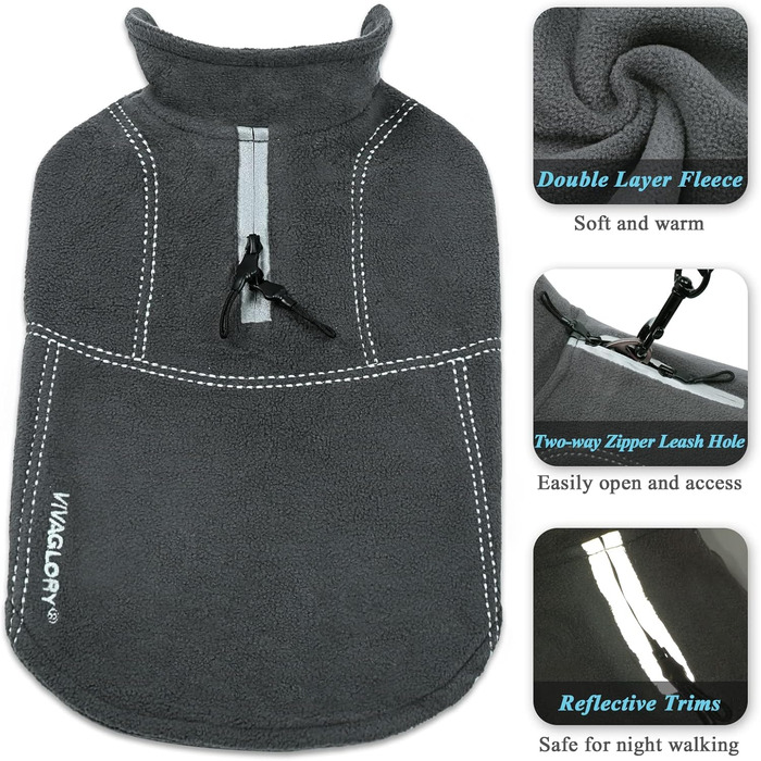 Теплий зимовий одяг для собак VIVAGLORY Softpad - флісова куртка з захистом живота, світловідбиваючий, регульований, сірий, XXS (31-36см, 20см)