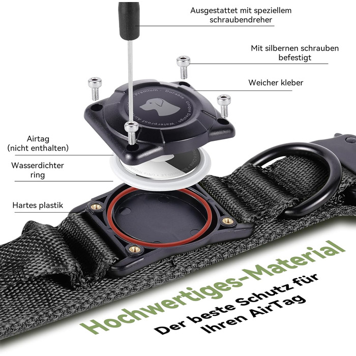 Тактичне собаче нашийник DE JIARUI з ручкою, водонепроникний Airtag нашийник для собак, товстий регульований нашийник для собак з м'якою підкладкою, металева застібка для середніх та великих собак (зелений, M(15'-19')) Зелений L(18'-23') (чорний, L(18'-23