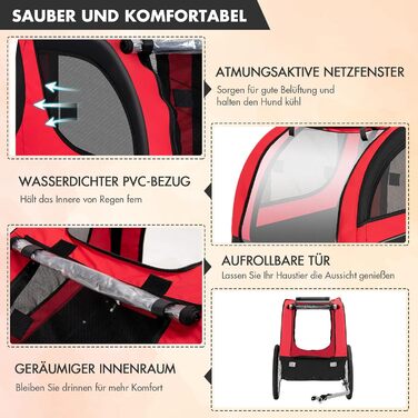 Фahrradanhänger GYMAX: Возик для собак на велосипеді, червоний, до 40 кг, 3 входи, складна конструкція