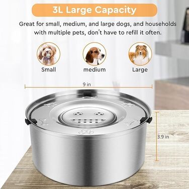 Велика миска для води для собак 3L, не протікає, з нержавіючої сталі, з неслизьким дном, для собак, миска для пиття