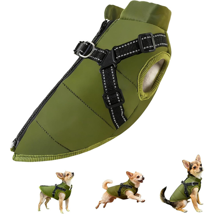 Зимовий теплий куртка для собак з шлейкою, 3-в-1, водонепроникний, вітронепроникний, для малих, середніх та великих собак/котів (армійний зелений, розмір S)