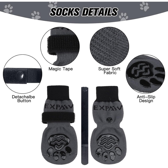 Шкарпетки для собак EXPAWLORER: антиковзаючі, захист від лизання, для гарячих доріг, захист подушечок лап, контроль зчеплення на паркеті, для цуценят, малих, середніх, великих та літніх собак, 6 шт. (Small, чорний та сірий)