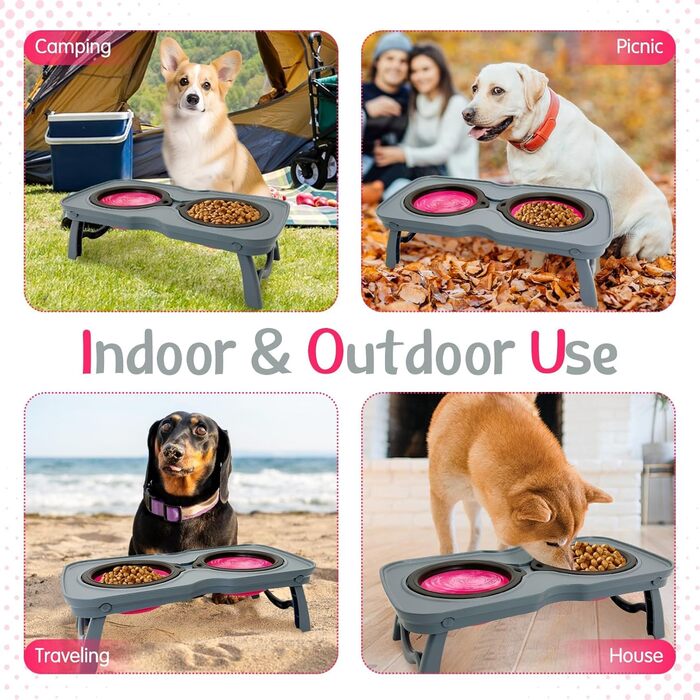 Складані годівниці для собак, 2-в-1 піднята миска для тварин зі стійкою, портативні дорожні миски для собак та котів (Рожевий)