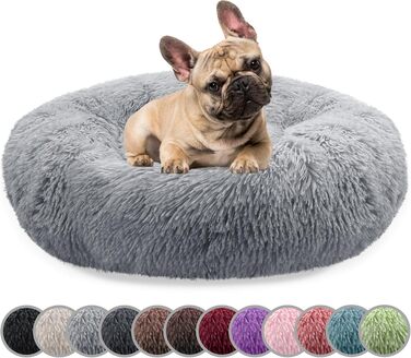 Кругле ліжко для собак середніх порід, діаметр 70 см, м'яке плюшеве гніздо, ергономічне, знімний чохол, неслизьке, штучне хутро, колір: світло-сірий