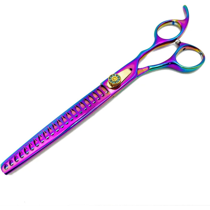 Професійна ножиці для грумінгу собак, 21 см, фіолетовий колір. Ножиці для стрижки та розрідження шерсті, з двостороннім зазубренням.
