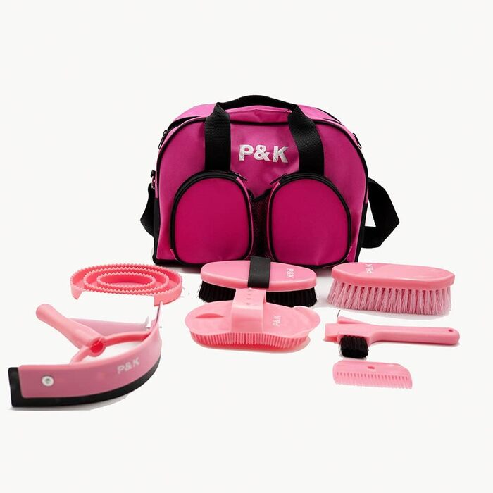 Набір для догляду за конем P&K: інструменти та аксесуари для грумінгу в рожевій сумці