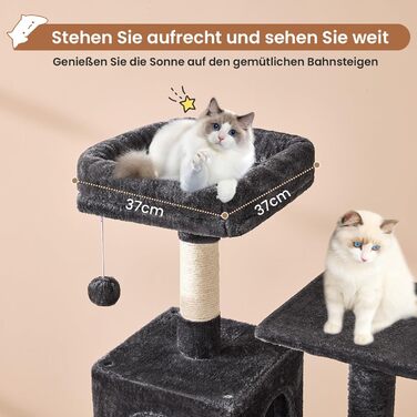 Кігтеточка для котів MSmask велика, 150 см, сіра, з 2 платформами, 2 будиночками, гамаком та сизалевими стовпчиками