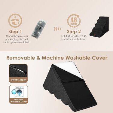 Сходинки для собак EHEYCIGA: 50 см, 4 сходинки, для маленьких собак, на диван/ліжко, з високощільним губчастим матеріалом, знімний та миючий чохол, антиковзне покриття, сірий (40 x 50 x 30 см)