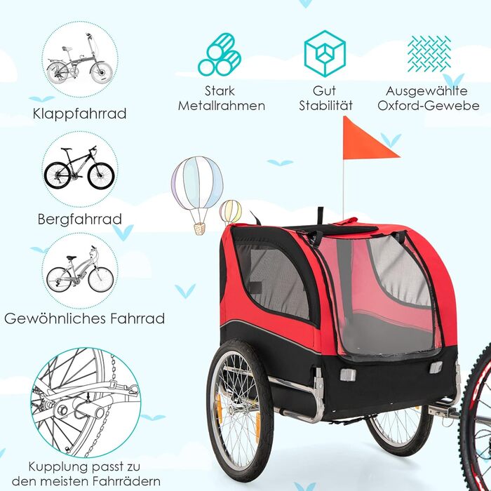Haustieranhänger GOPLUS для собак та домашніх тварин: дихаючий, з 3 входами, безпечний, з відбивачами та швидкою фіксацією, універсальний для велосипеда (червоний)