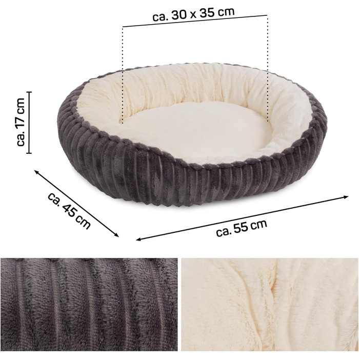 Квіткове ліжко для котів Wallace & Jones Cameron - овальне, м'яке, антиковзне, антрацит-бежеве, розмір S, 55 x 45 x 17 см