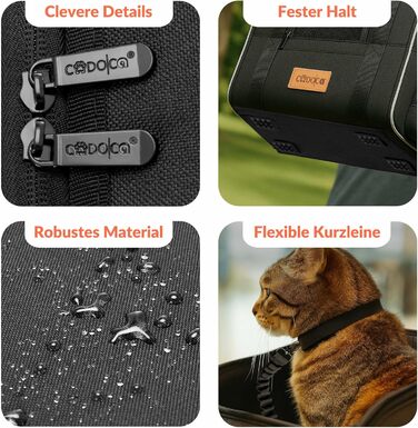 Транспортна переноска для котів CADOCA® до 20 кг, складна, з сонцезахисним дахом, ременем на плече, мискою, дихаюча, комфортна, з обертовим матрацом. Підходить для котів, собак, авто, чорного кольору.