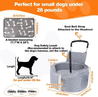 Автокрісло для собак - чорне автокрісло-бустер для маленьких собак з піною Memory Foam 28D, неслизька та вологостійка підкладка, переноска з кишенями для зберігання та ковдрою, сірий 02-Сірий