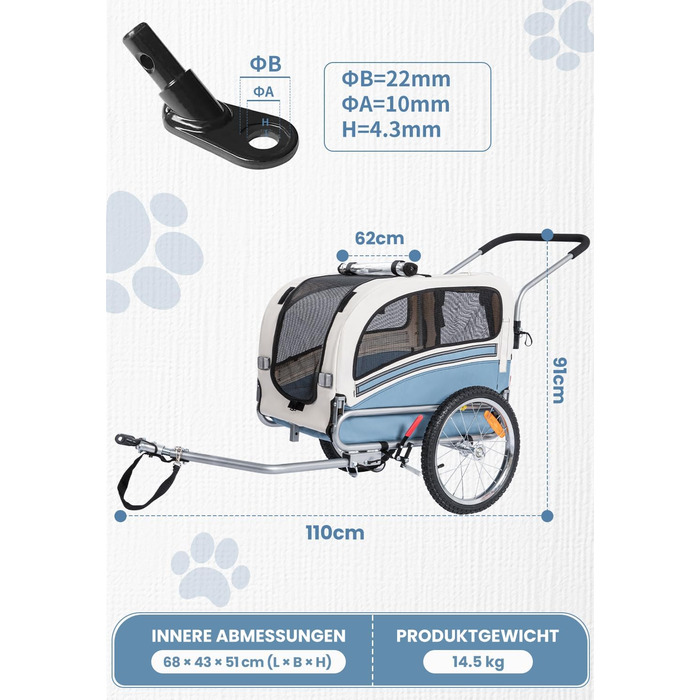 Причеп для собак SEPNINE® 2-в-1 для велосипеда та джоггінгу, блакитний (до 30 кг)