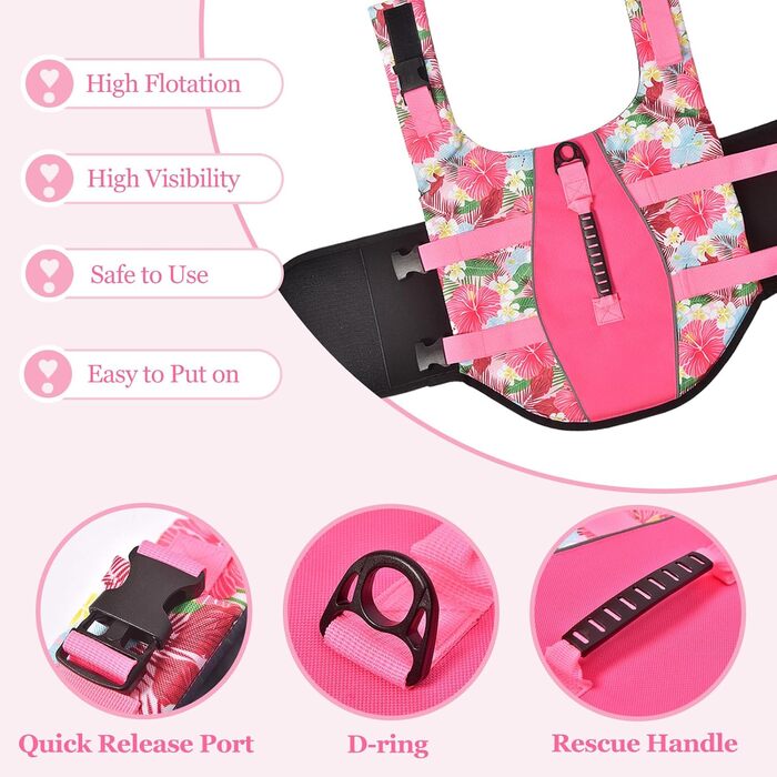 Світловідбиваюча жилет для плавання собак Hawaiian Sports Style, жилет для собак з ручкою для рятування, регульований жилет для цуценят, середнього, великого розміру, квіти + рожевий
