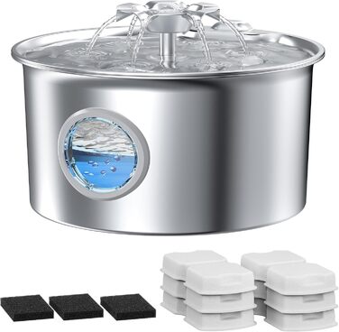 Поїлка для котів з нержавіючої сталі: фонтанчик для котів - 2.6L, диспенсер води для котів та собак, фонтанчик з віконцем рівня води, дизайн у вигляді квітки (поїлка для котів + 6 фільтрів + 3 губки)