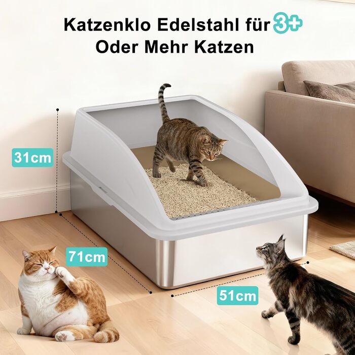 Лоток для котів FURTIME XXXL з нержавіючої сталі, екстра великий туалет для котів (71x51x31 см), сріблястий