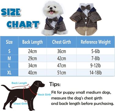 Елегантний костюм для собак: смокінг для маленьких та середніх собак, коричневий, з краваткою, для вечірки, дня народження, фестивалю, розмір S (довжина спини 24 см)