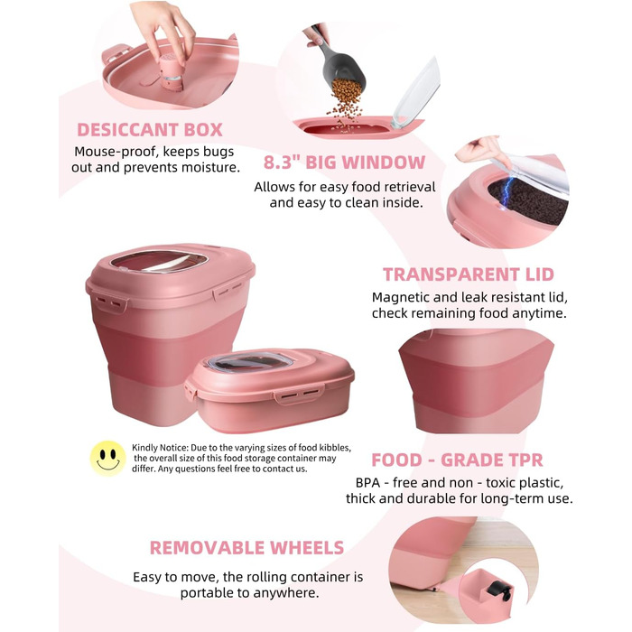 Контейнер для зберігання корму для собак 9-13.6 кг з колесами, повітряно-щільною кришкою, рожевий. Підходить для собак, котів та інших тварин.