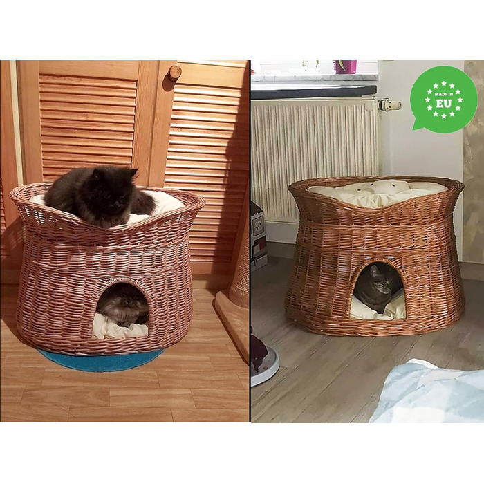 Кошик для котів для сну, котяча хата з лози, двоповерхове ліжко для котів і собак 60 см з м'якою подушкою, натуральний колір